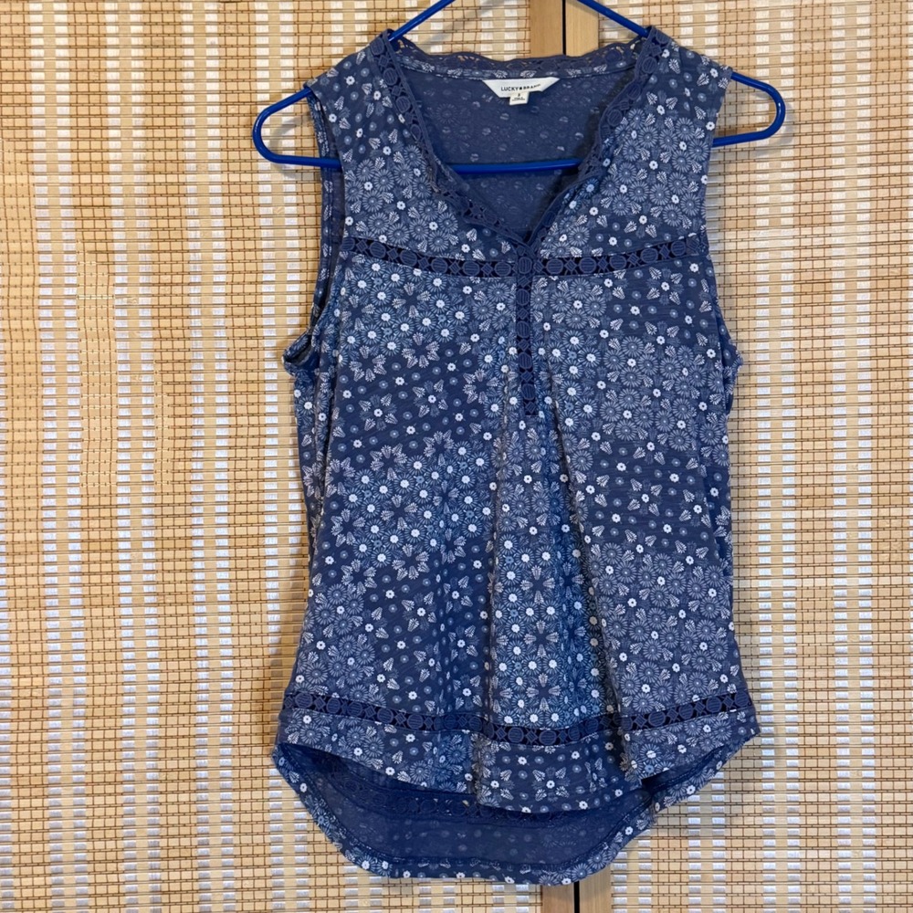 Lucky Brand Blue Floral Crochet Lace Trim Sleeveless Tank Top Small Bohemian
